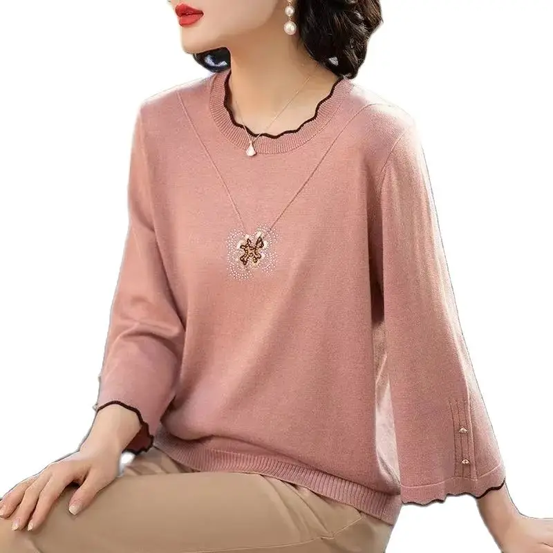 

Spring Autumn Thin Jacket Female Middle-Aged Mother New Loose 100kg Wearable Three Quarter Sleeves Ice Silk Knitting Shirt Top