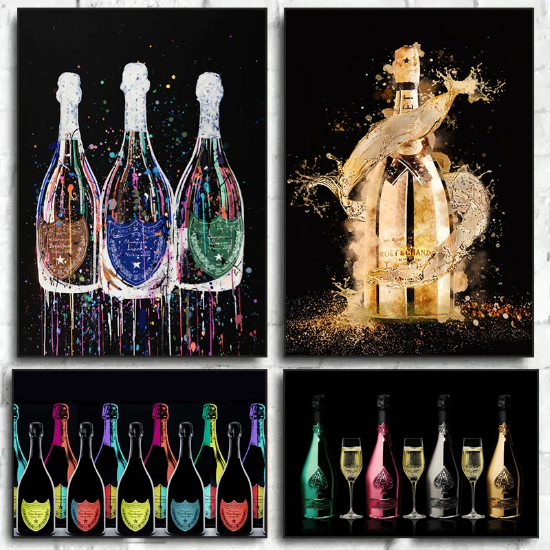 Modern Bar Restaurant Wall Art Mural Colorful Champagne Posters and Prints Champagne Luxury Splash Canvas Painting Home Decor