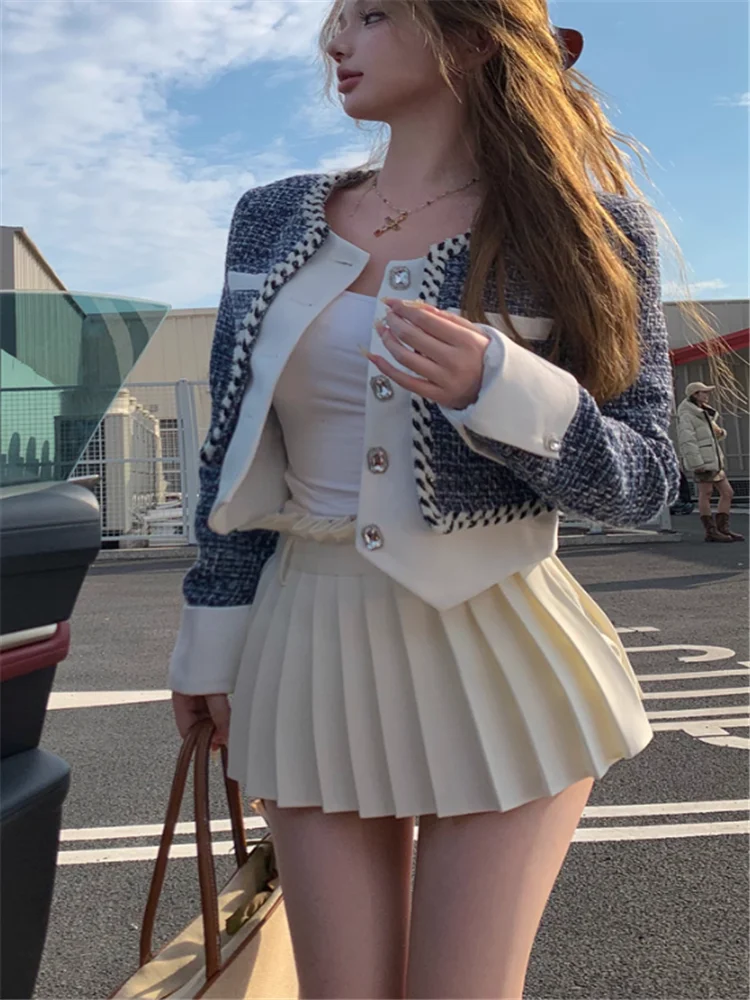 

New Fall Elagant Long Sleeve Fake 2 Pieces Patchwork Short Jacket for Women Small Size O Neck Short Coat Single Breast Outwear