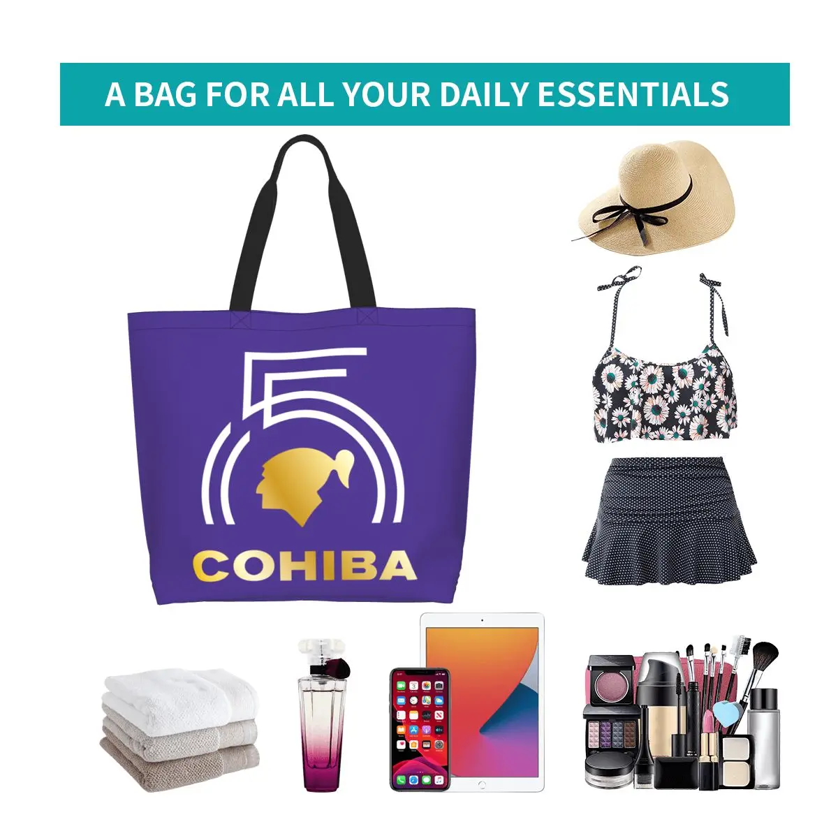 Reusable Cuban Cohiba Shopping Bag Women Canvas Shoulder Tote Bag Portable Groceries Shopper Bags