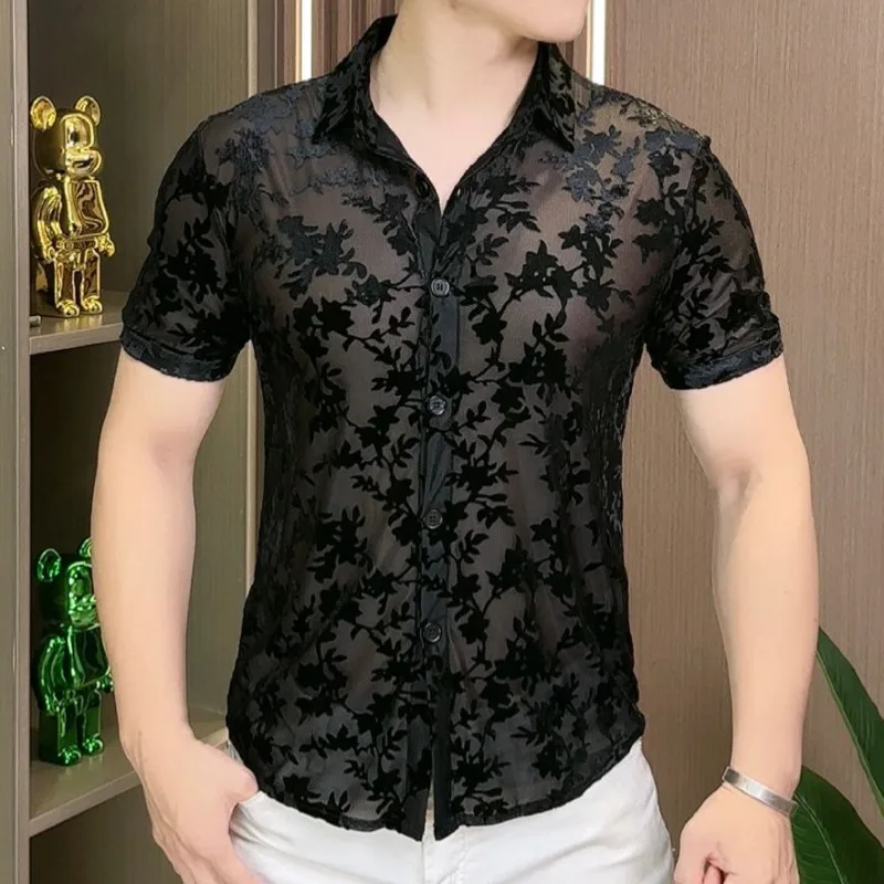 Mens Transparent Shirt Summer European Style Sexy Lace Shirt For Male See Through Mesh Shirt Club Party Prom Chemise Homme 98kg