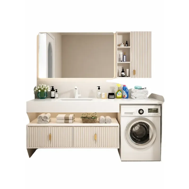 TXHR Slate Balcony Washing Machine Cabinet with Integrated Corian Basin and Smart Mirror Bathroom Vanity Unit