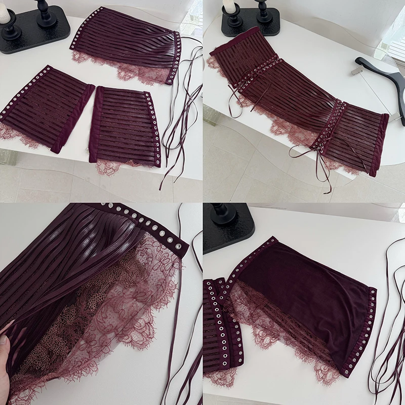Vintage 2 Piece Playsuits Skirt Sets Women Sexy Halter Sleeveless Romper Chic Lace Patchwork PU Bodycon Skirt Bandage Mini Skirt image 6