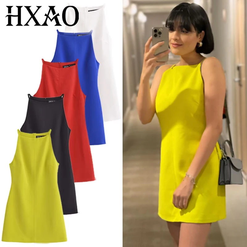 HXAO Damenkleid Sommer 2025, Rot, Blau, Schwarz, Weiß, Gelb, schulterfrei, ärmellos, Slip-Kleider, Vestidos, Urlaubskleid 066