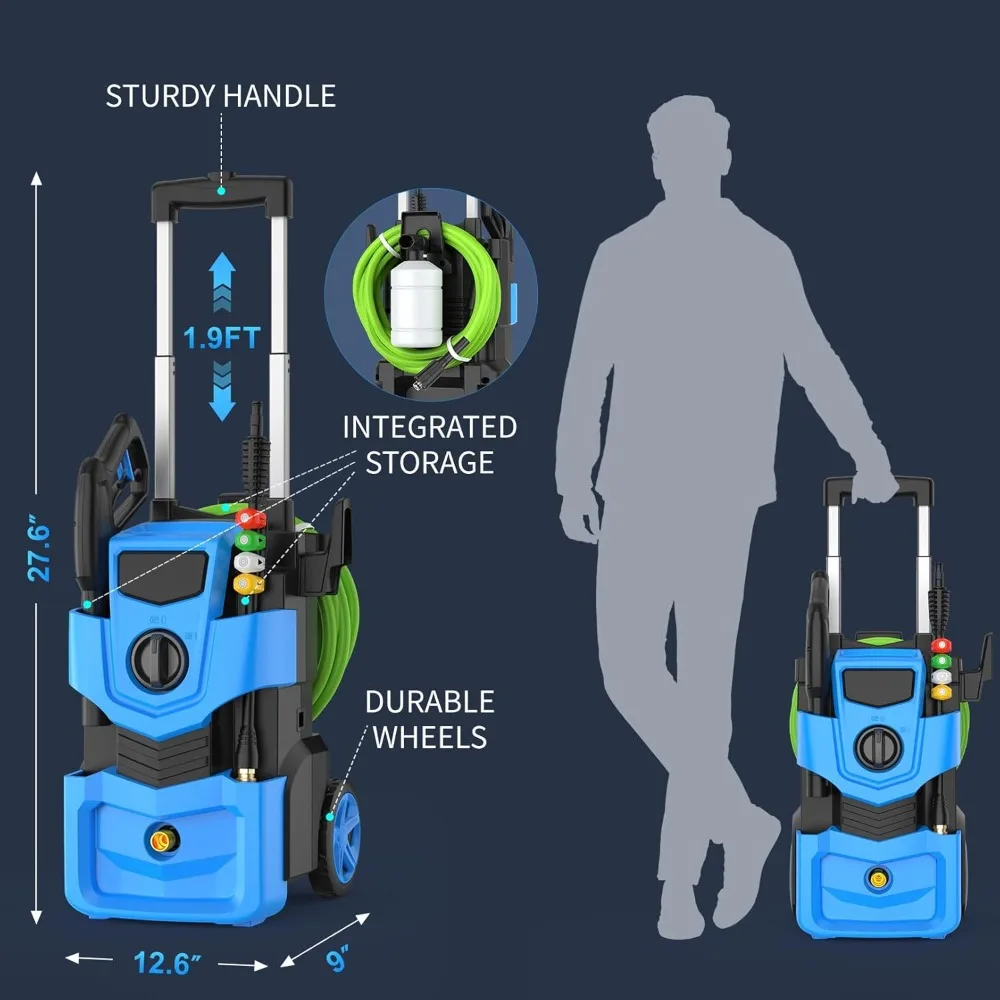 Pressure Cleaner with 33FT Flexible Extension Hose + 34FT Power Cord, 4 Nozzles, Foam Cannon, Best Power Cleaner for Cars, Patio