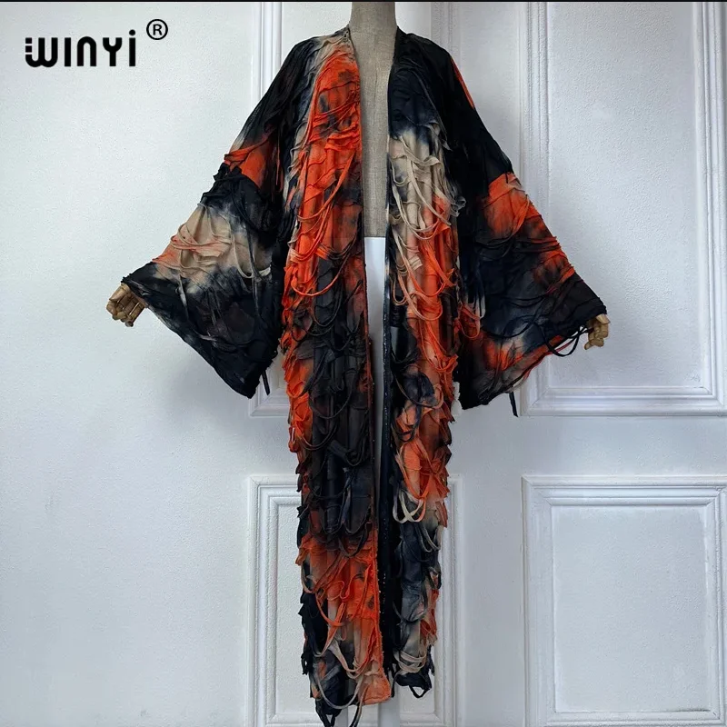 WINYI-Kimono de pasarela para mujer, abrigo con dobladillo de burbuja estampado, cárdigan de manga larga, ropa de playa de lujo abaya de Dubái, vestido bohemio caftán