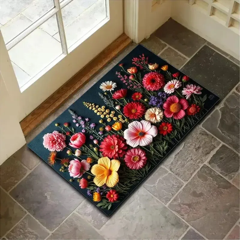 Dark Base Vibrant Bouquet Non‑Slip Doormat, Dried Wildflower Themed Mat for Farmhouse and Cottage Front Entry Decor