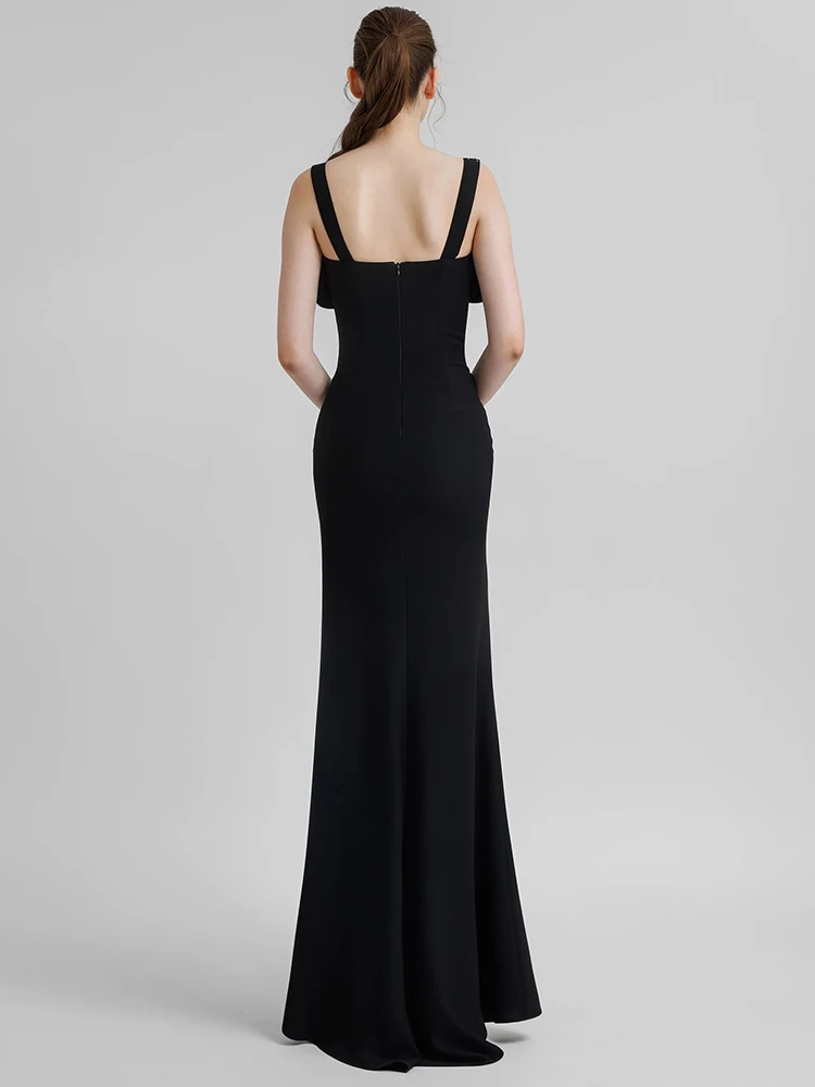 Rhinestones ลูกปัดชุดยาวสีดําสปาเก็ตตี้สายรัดโบว์ดูผ่านตาข่าย Boned Corset เอวสูงด้านข้างชุดปาร์ตี้