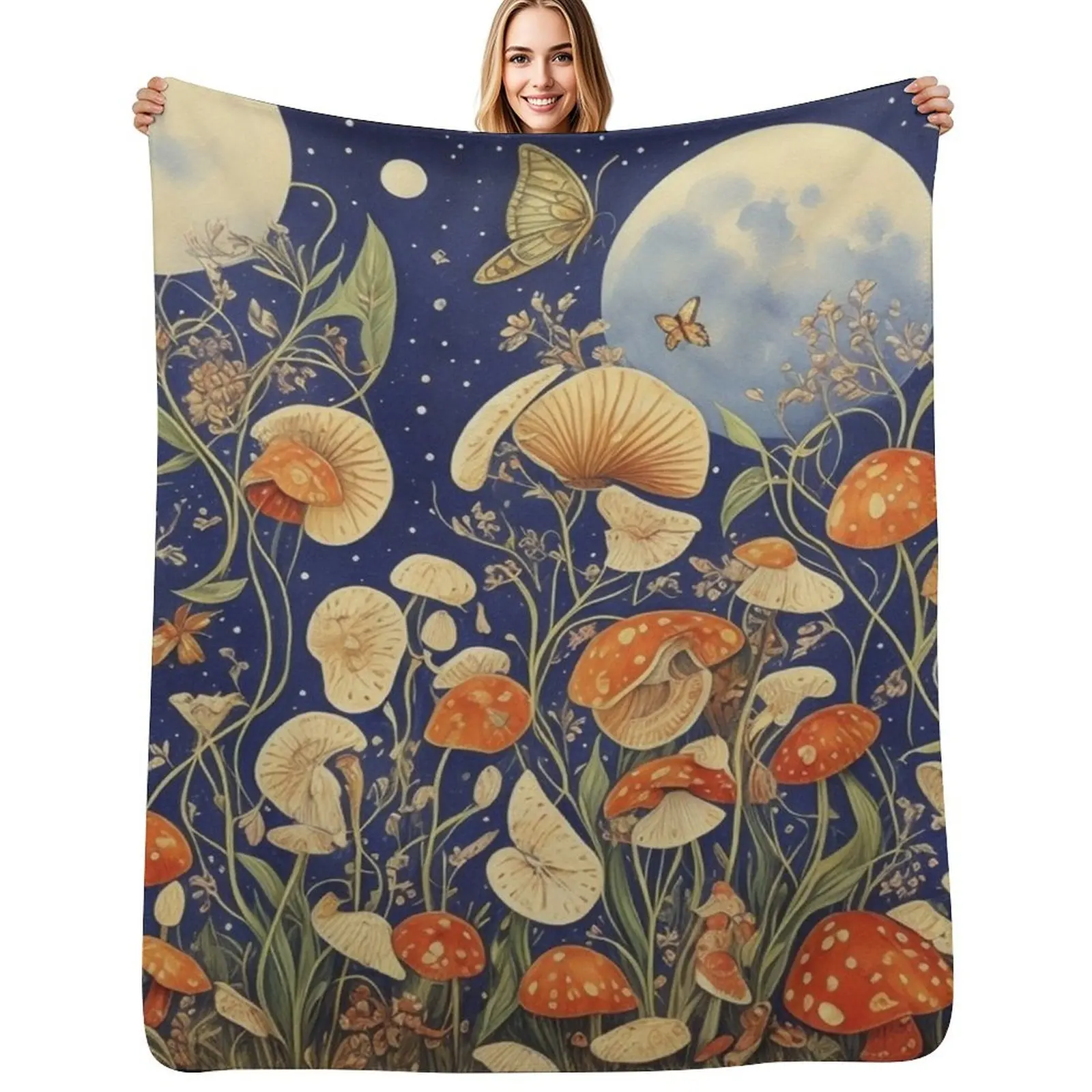 Dark Vegan Occult Cottagecore Moon Flower Floral Throw Blanket Ultra Soft Flannel Fleece Blanket for All Seasons