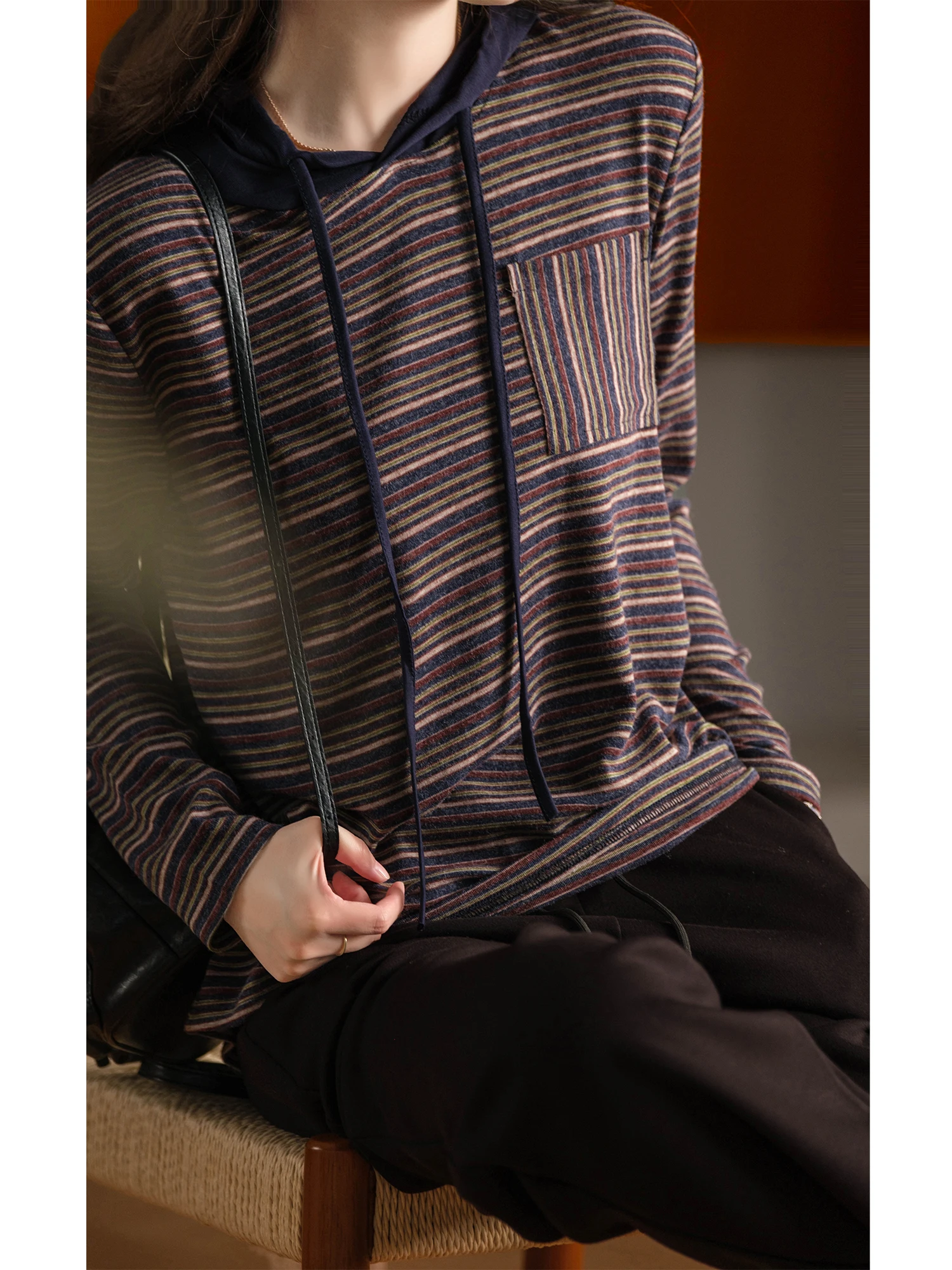 Women's Hoodie Sweatshirt Double Thread Stitching Flocking Striped Design Comfortable Loose Fit Elegant Style by XiaoErProduc...