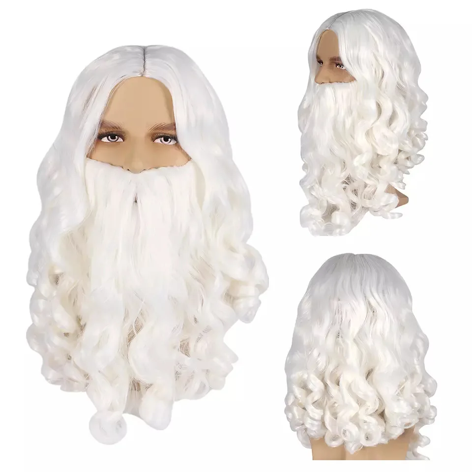 Christmas Cosplay Dress Up Santa Claus Wig Long Curly Beard Suit White Center Part Long Curly Hair Beard Suit