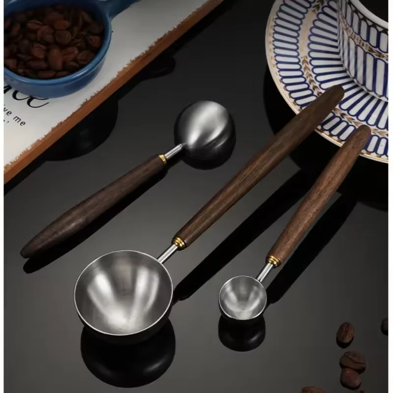 25ml Wooden Handle Stainless Steel Coffee Scoop Tablespoon Measuring Spoon Walnut Wood Long Handle Coffee Spoons Cafe Decoration