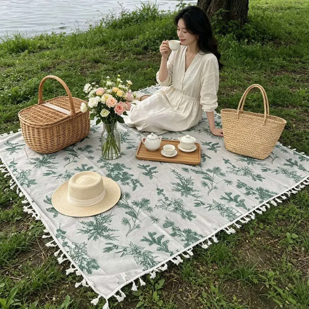Green Leaf Print Tassel Picnic Mat Large Waterproof Foldable Beach Blanket Portable Outdoor Camping Travel Lawn Picnic Blanket