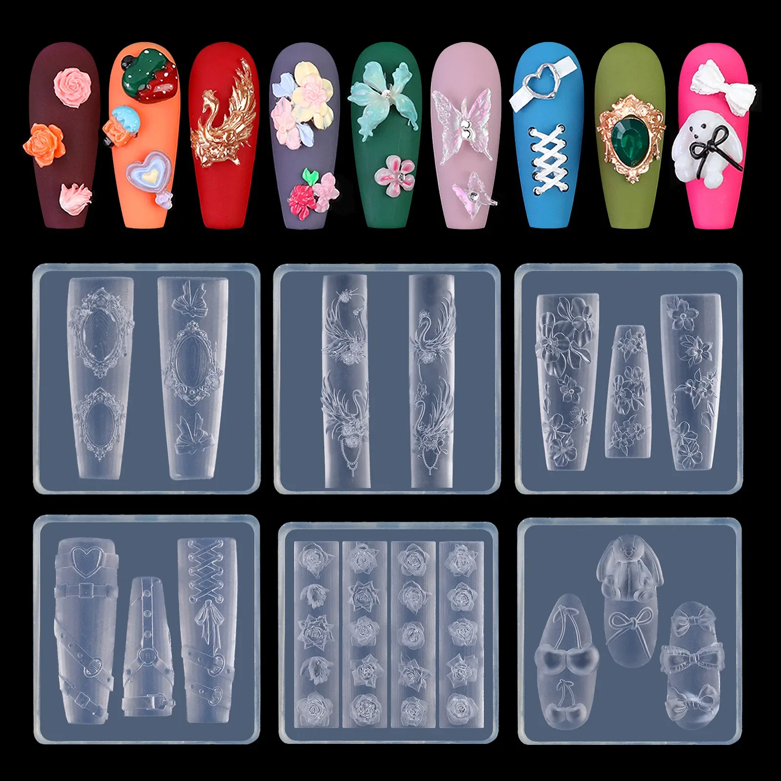 6pcs Nail Art Silicone Mold Bow Flower French Manicure Modeling Templates Gel Print Stencils Heart Shape Photo Frame Nail Tools