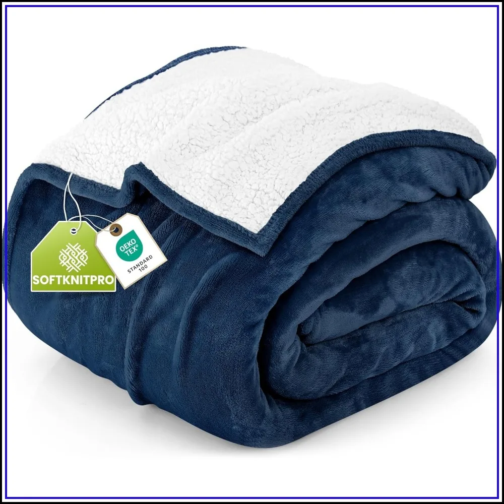 Plush Reversible Sherpa Blanket Queen Size 90x90 Navy Soft Fleece for Bed Couch Camping Travel