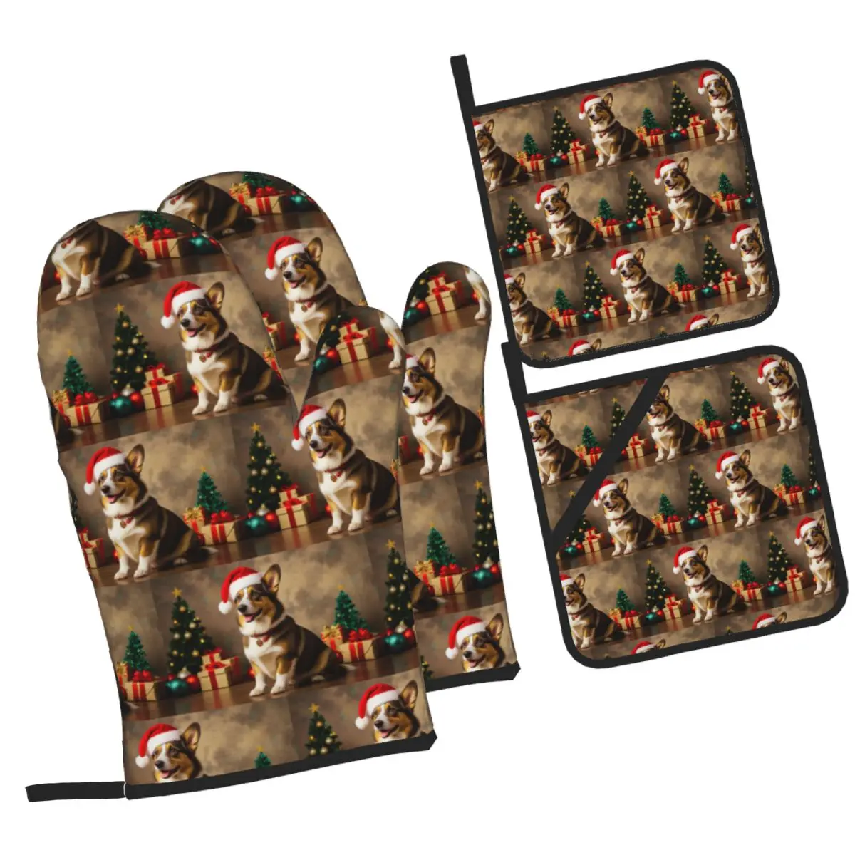 Cardigan Welsh Corgi Dog Christmas Oven Mitts and Pot Holder Sets of 4 for Baking Cooking Grilling Resistant Non-Slip Gloves