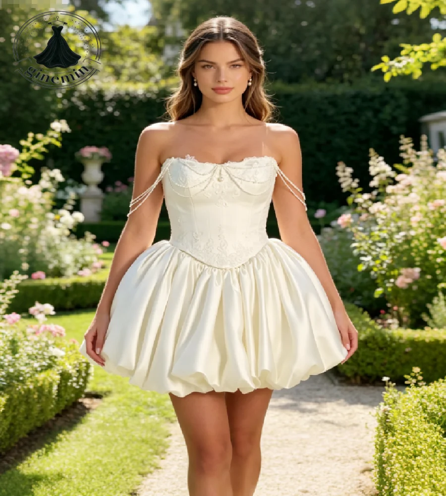 Minimalist Boho Civil Wedding Dress Pearls Straps Bubble Mini Beach Bridal Dresses 2026 Lace Soft Satin Sexy Short Reception