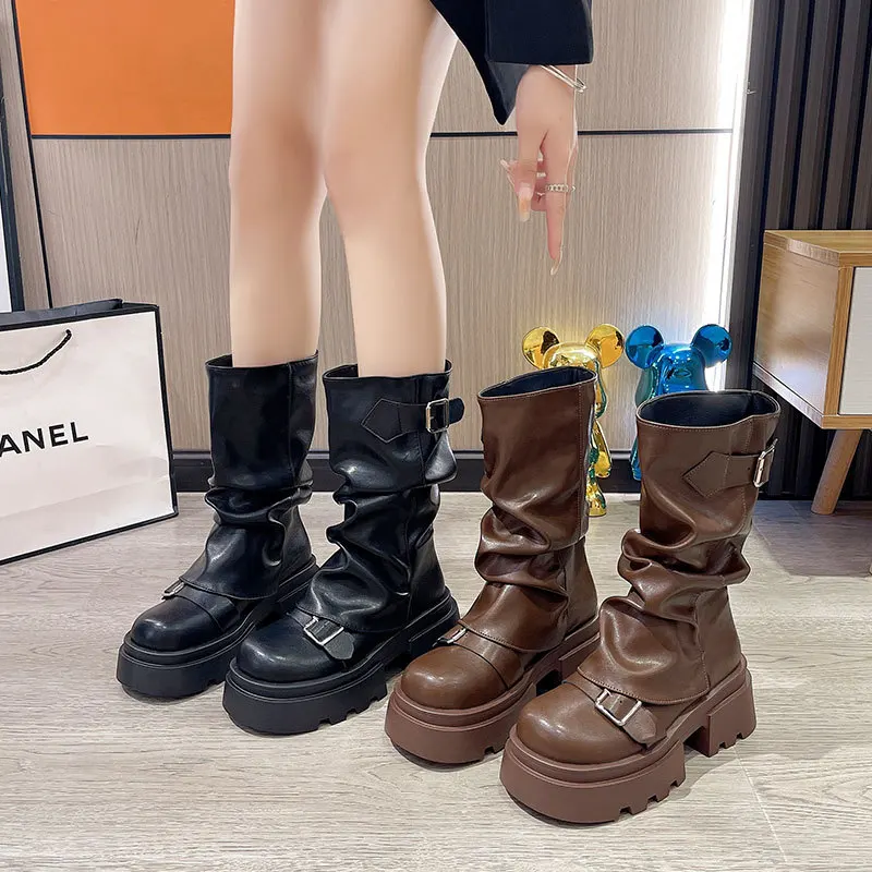 

Women's Boots Thick Bottom Heightening Mid-Calf Pull-On Shoes British Style Retro Mearauder Autumn New Arrival
