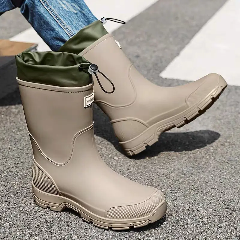 

Rain Boots for Men Drawstring Waterproof Mid-calf Low-heel Fishing Garden Wellies Outdoor Wide Toes Adult Chef Kitchen Man Shoes