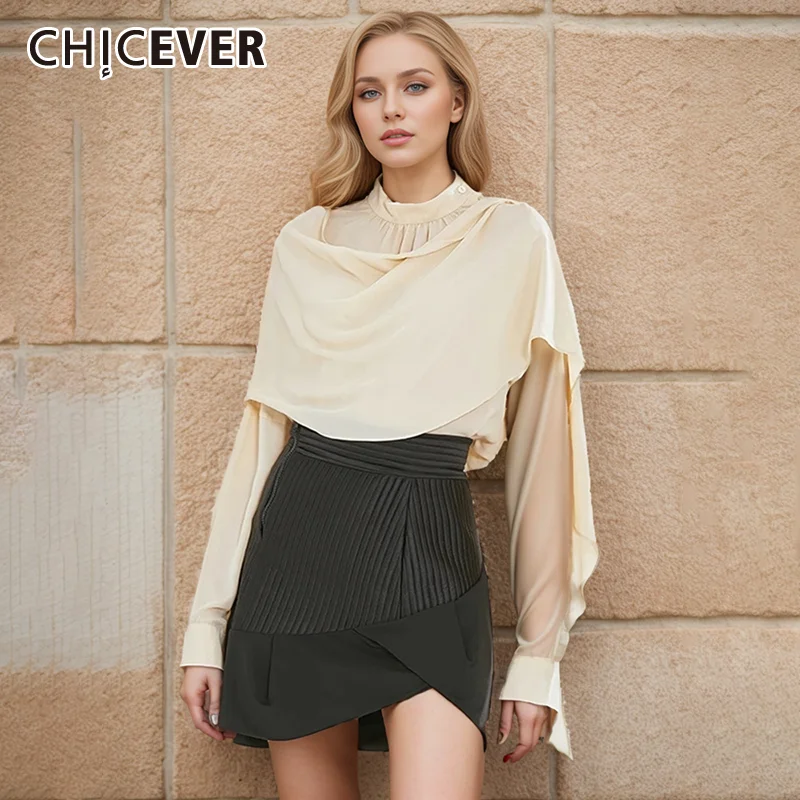 

CHICEVER Slim Pullover Shirts For Women Stand Collar Long Sleeve Spliced Pleated Minimalist Casual Loose Blouse Female Fashion