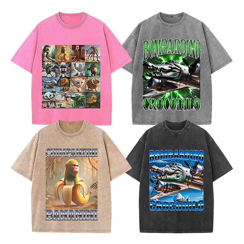 

Italian Brainrot Adult T-shirt Cartoon Washed Denim Fabric Casual Street Hip Hop Style Short Toddler Sleeve Fashion Outdoor Wear
