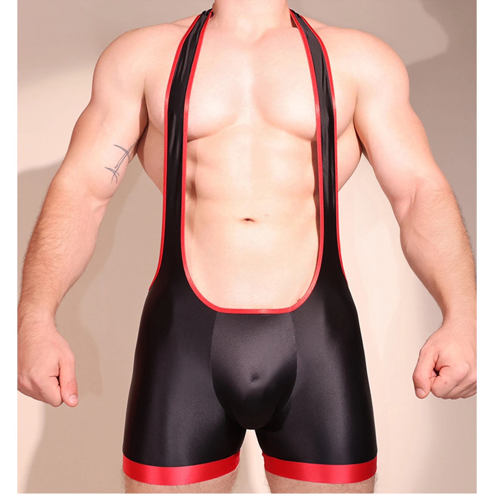 Men Pro Wrestling Bodysuit Deep U Neck Glossy Sleeveless I Back Bulge Pouch Contrast Color Stretchy Compression for Gym Fitness