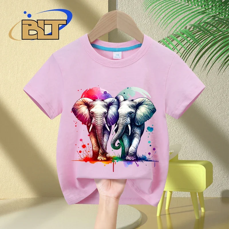 Camiseta con estampado de elefantes entrelazados para niños, Tops informales de manga corta de algodón para niños y niñas, Verano