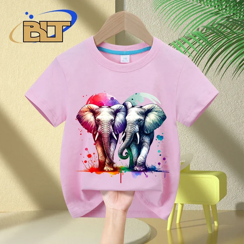 Camiseta infantil de manga curta, estampa aquarela, elefantes entrelaçados, tops casuais para meninos e meninas, verão