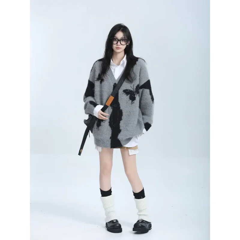 Trend Men's and Women's Spring Autumn Knit Cardigan Knitted Sweater Butterfly Couple Color Blocking Retro Jacquard Design Simple