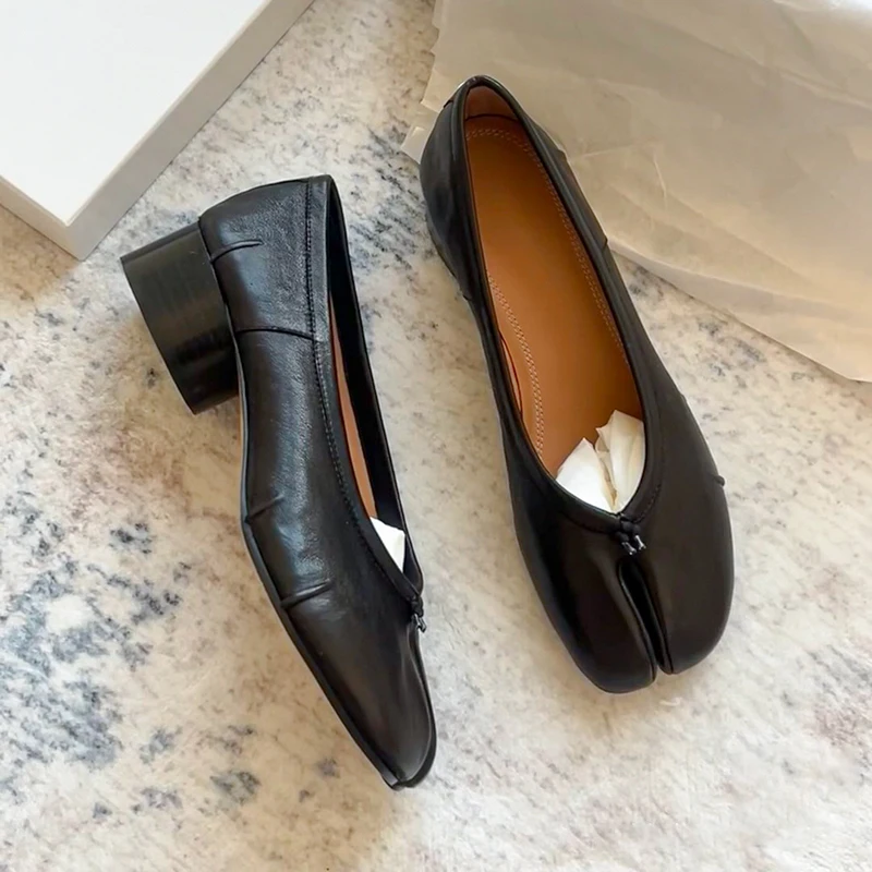 Roundtoe Midheel Shoes Womens Genuine Leather High Heels Sheepskin Pleated Tibi Splittoe Shoes Women Mary Jane Shoes Designer