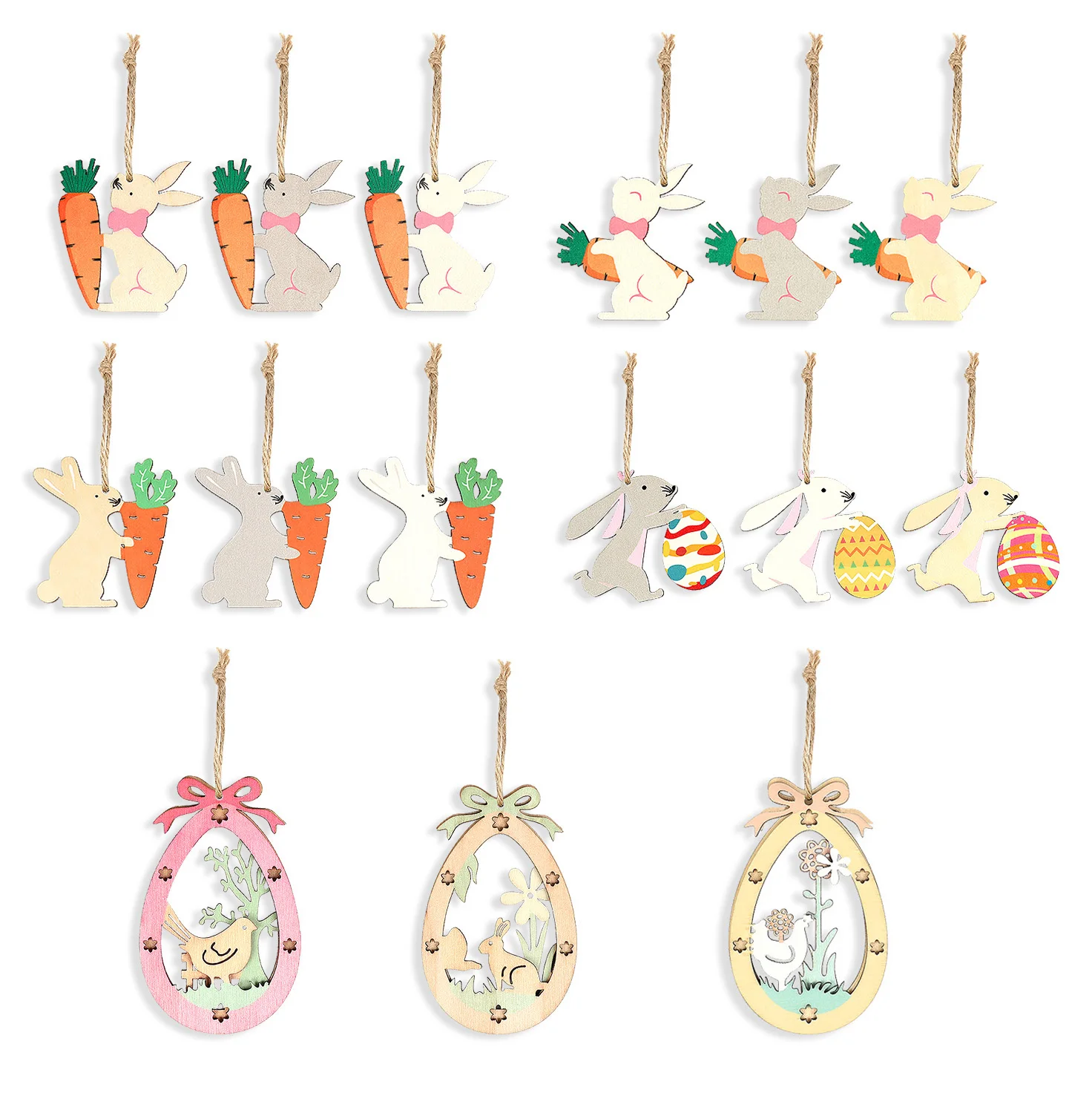 Happy Easter Hollow Pendants Cute Bunny Carrot Egg Hello Spring Flowers Rabbit Wooden Craft Easter Party Home Decoration Supply