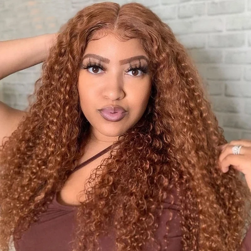 Ginger Brown Curly Synthetic 13X4Lace Front Wigs Heat Resistant Transparent 180 Density Wigs For Women for Daily Party Use