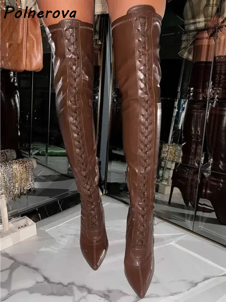 Cross Tied Lace Up Brown Boots Pointy Toe Thin Heels Sexy Side Zipper Thigh High Boots Women's Winter Fashion Leather Warm Shoes