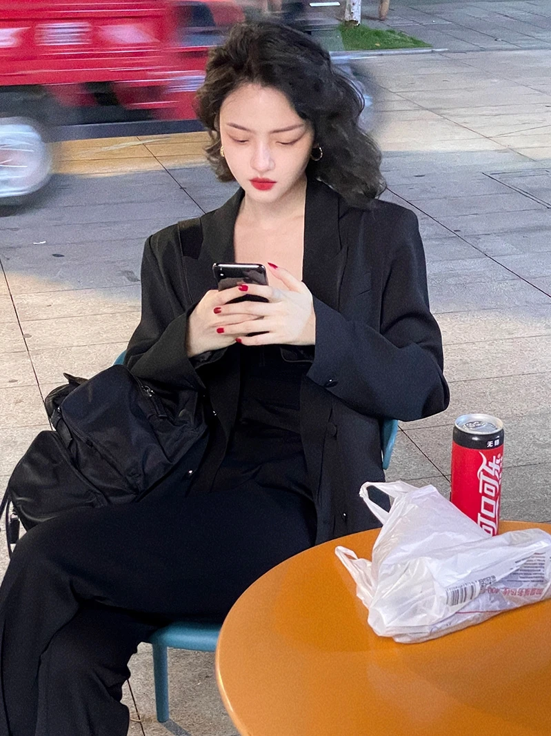 

Loose Long Sve Women's Suit Jaet Casual Vintage Hong Kong Sle oulder Pad Small Western Clothes Spring New Arrival