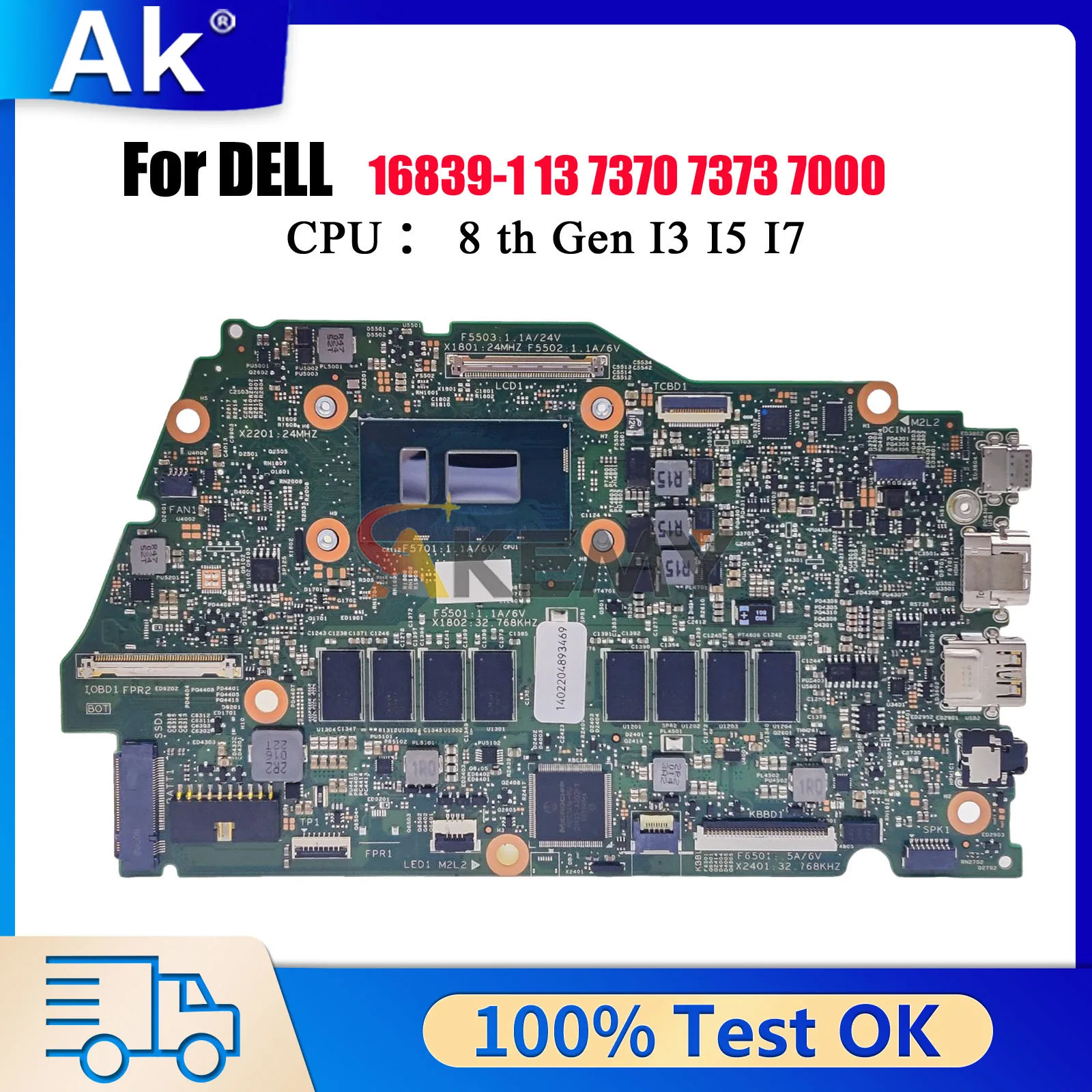 

16839-1 Материнская плата для Dell Inspiron 13 7000 7370 7373 с процессором i5 i7 CN-0RR26G 0RR26G 02CVR0 00NVF7, 100% полностью протестирована