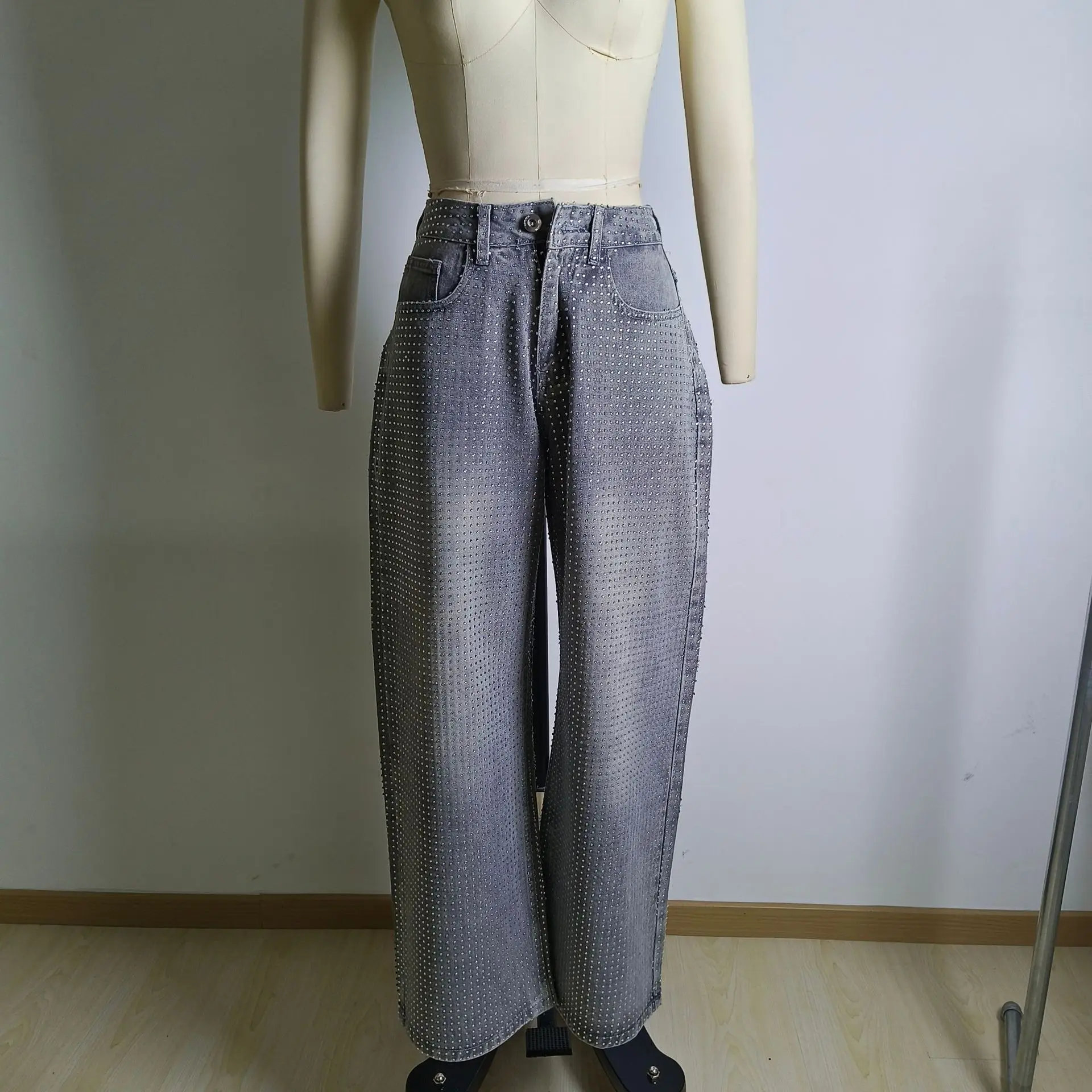 Gerade Jeans für Frauen Diamanten Hosen Stretch Hohe Taille Gewaschen Distressed Taschen Vintage Denims Streetwear Weibliche Hosen