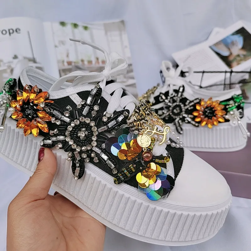 New Bright Diamond Bow Fashionable Casual Beaded Canvas Shoes