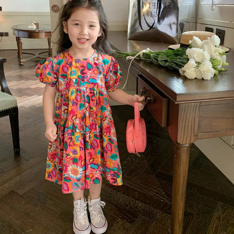 Girls' Dress Puff Sleeve Floral Dress Princess Dress25Summer New Foreign Trade Children's Wear Delivery3-8Years Old 2