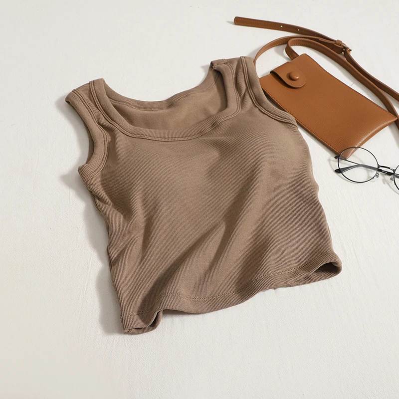 Fanan Women Cotton Casual Tank Tops With Bra Pad Knitting Solid Crop Tops O-Neck Sleeveless Tops For Women 2025 Summer