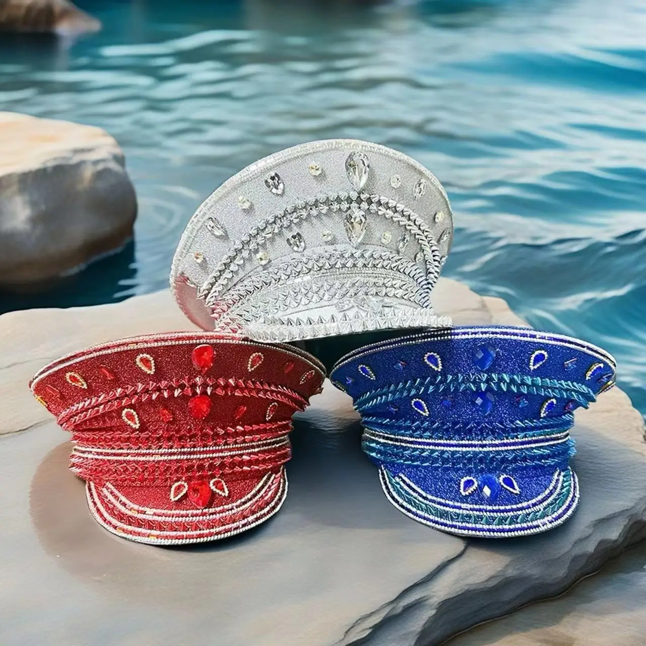 

Rhinestone Captain Hat Women, Cosplay Cap, Luxury Festival Hats, Burning Man Halloween Anime Convention Costume Accessories