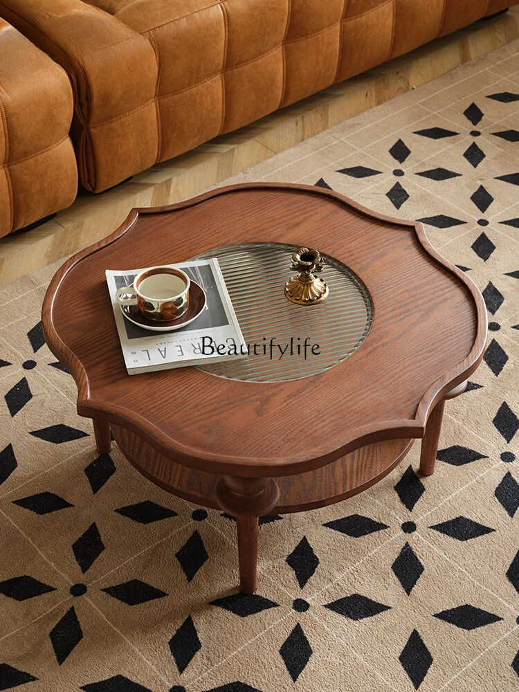 French Style Mid-Ancient Glass Flower Coffee Table Vintage Walnut White Wax Home Small Apartment Living Room round Tea Table