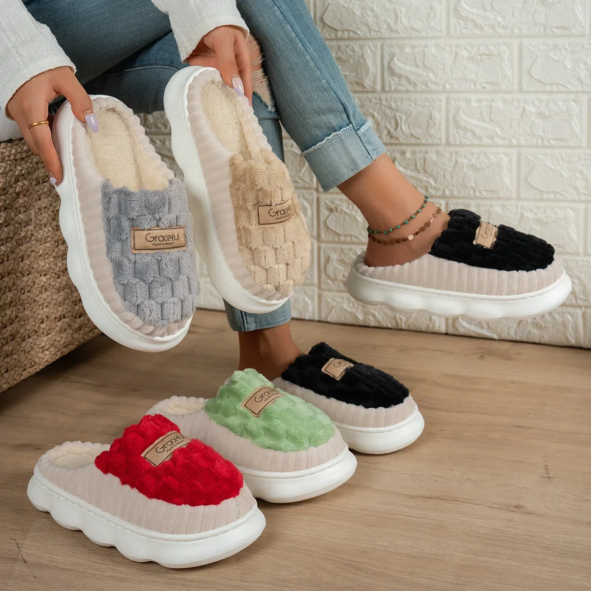Winter Warm Cotton Slippers Women Men Cloud Thick Sole Plush Fuzzy Home Fluffy Slippers Indoor Bedroom Non slip Grid Floor Shoes