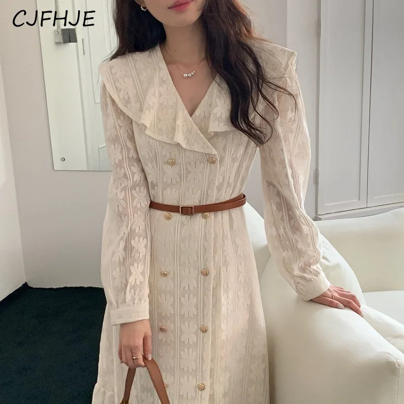 CJFHJE New Fashion V-neck Ruffle Edge Double Breasted Ladies Fishtail Dress French Heavy Industry Lace Hook Flower Women Dress