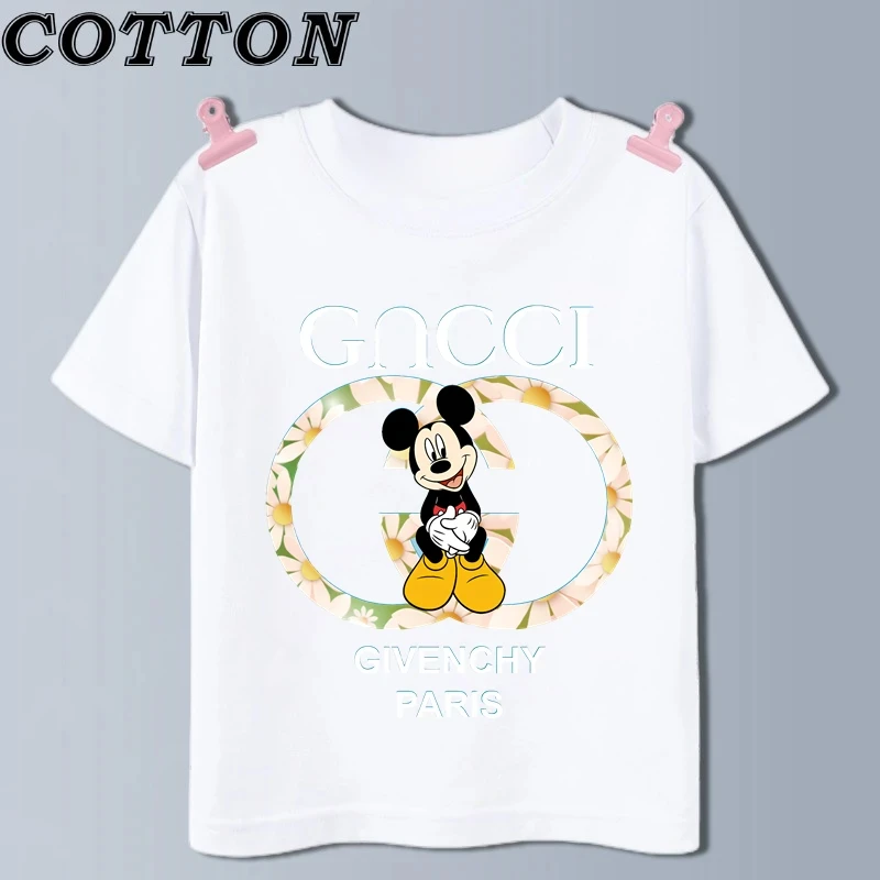ديزني-تي شيرت أنمي ميكي ماوس للأطفال ، أكمام قصيرة ، نقش مطبوع ، كرتون ، قطن ، صيف ، موضة متعددة ، قمة للفتيات