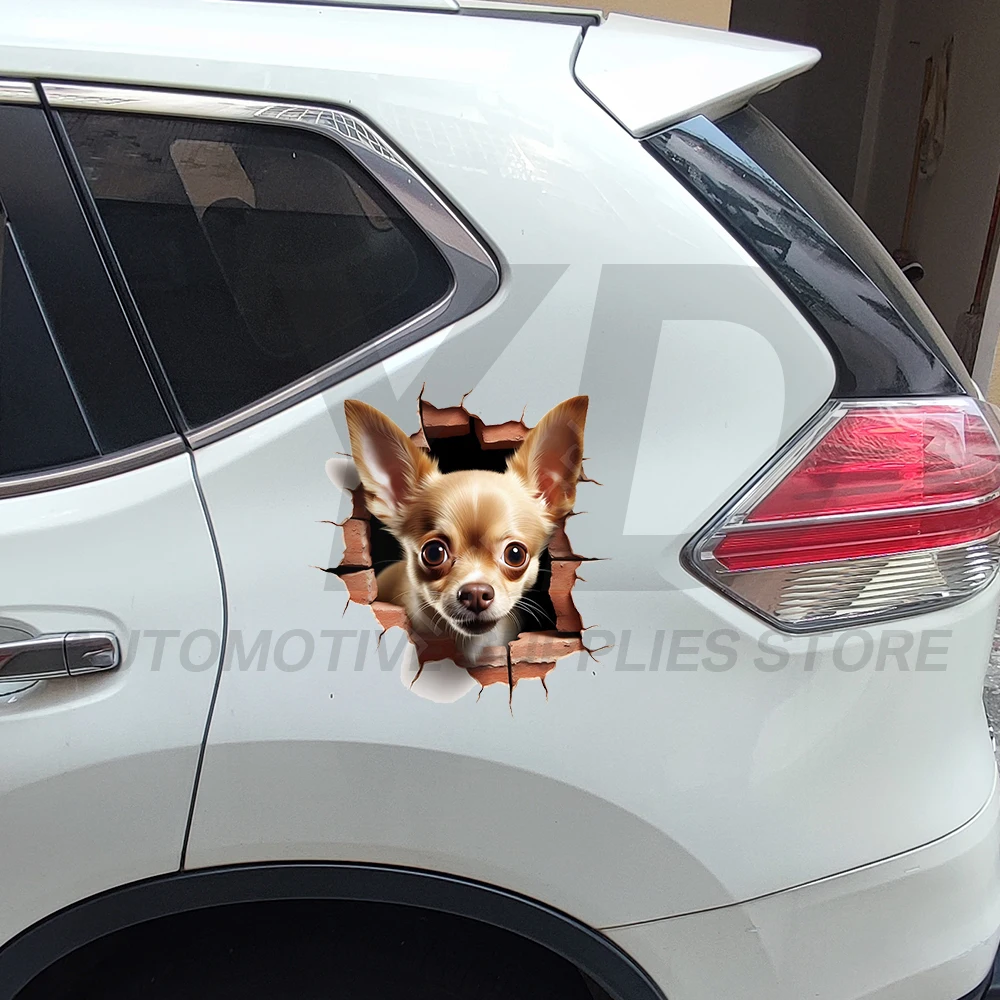 Funny 3D Chihuahua Bursting Through Wall Car Sticker Animal Decal Waterproof Vinyl for Car Truck Window Bumper Body Decor