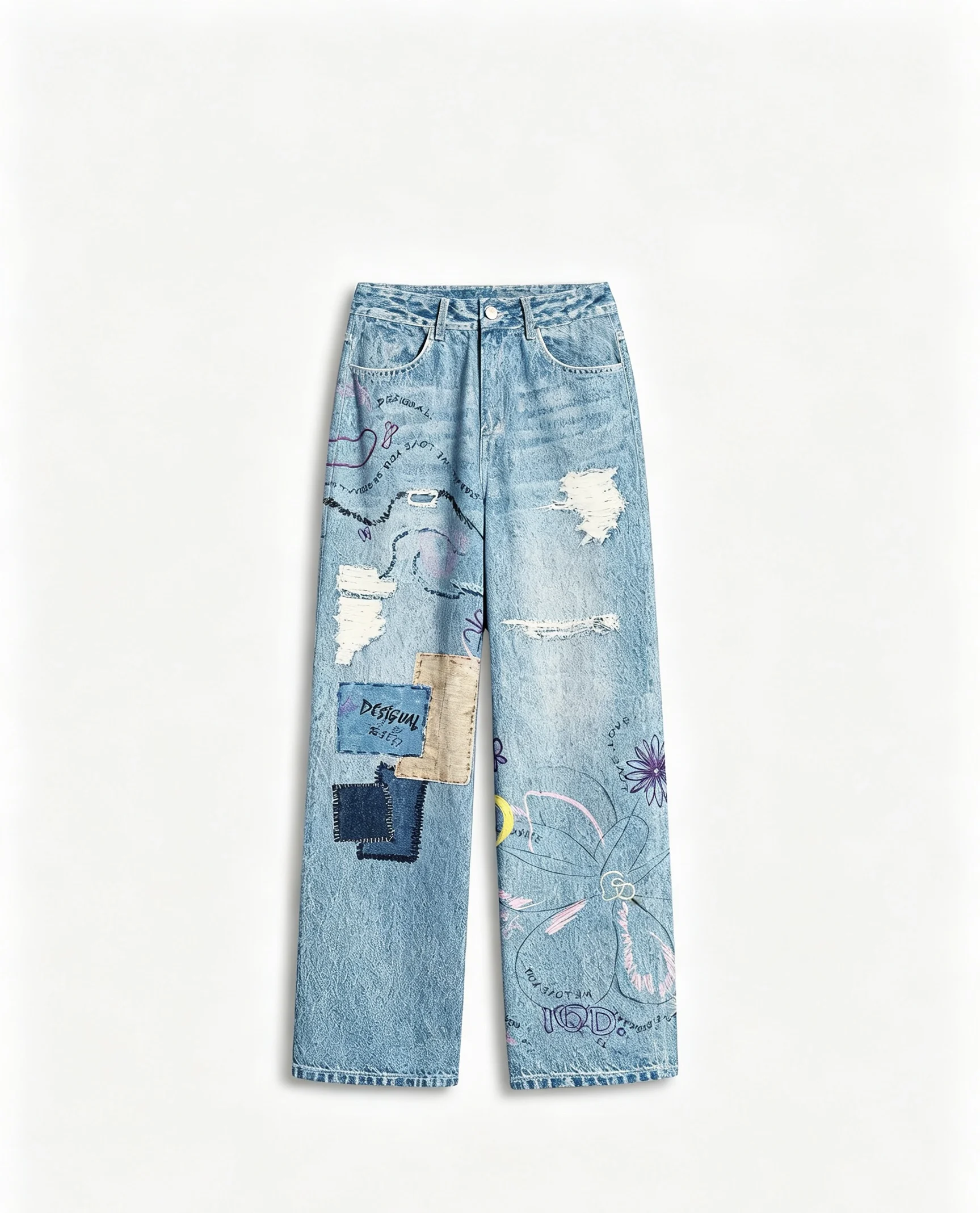 2026 New Spain Original Women's Pants with Patchwork, Hand drawn Embroidered Flowers, Straight leg Pants
