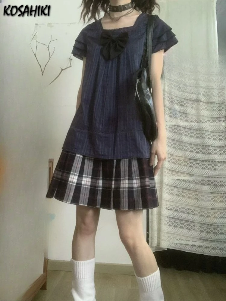 

Japanese Two Pieces Set Summer Preppy Style Loose Sweet Bow A-Line Tops + Women Y2k Aesthetic Plaid Pleated Grunge Mini Skirts