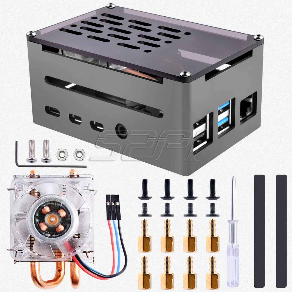 52Pi Raspberry Pi 4 Model B Aluminum Brick Case Black Enlosure Shell with Low-Profile Ice Tower Cooling Fan for RPI 4B