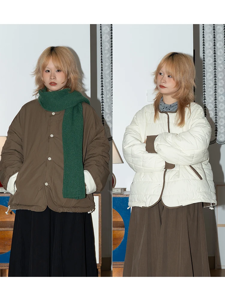 

Double-Sided Wear Cotton Jaet Collarl Single Button Color Versatile Japanese Retro Cotton Fill Autumn Winter Coat
