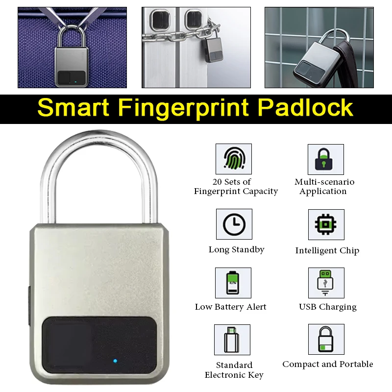 

Мини-портативный биометрический замок, водонепроницаемый противоугонный умный замок с отпечатками пальцев, зарядка через USB для шкафчиков, сумок для багажа, велосипеда, тренажерного зала